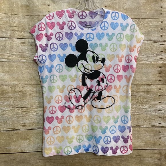 Disney Parks Size M T Shirt Rainbow Mickey Mouse Peace Signs Hearts Glitter - Picture 1 of 8
